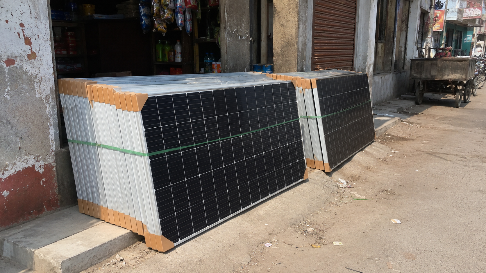 Pile de panneaux solaires neufs livrés devant un petit commerce dans une rue poussiéreuse
