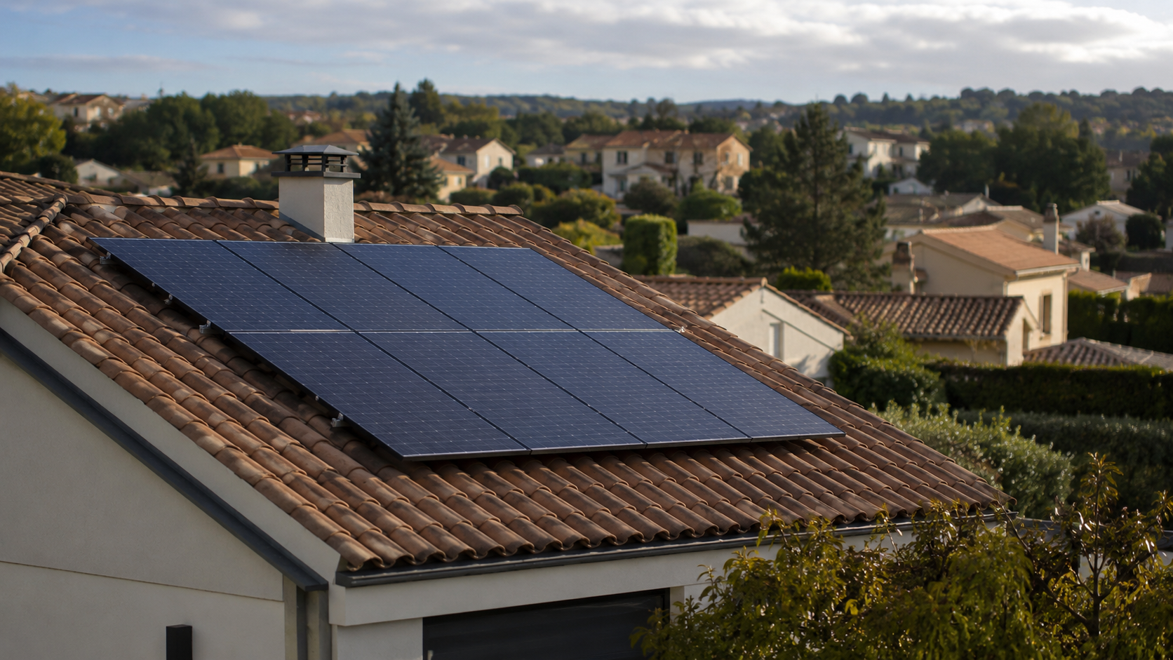 Panneaux solaires sur le toit incliné d'une maison de banlieue française par temps couvert