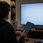 Main tenant un disque de jeu dans un boitier neutre devant un televiseur allume a l'ecran vide, console noire sans marque sur une etagere