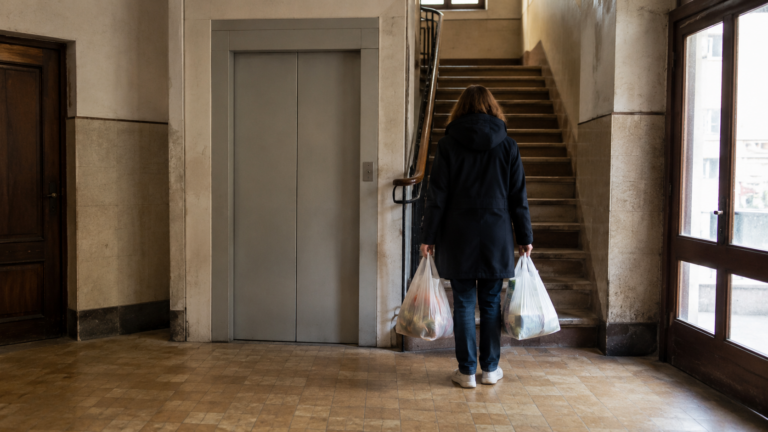 Portes d'ascenseur fermées dans le hall d'un immeuble, une personne vue de dos au pied de l'escalier avec des sacs de courses