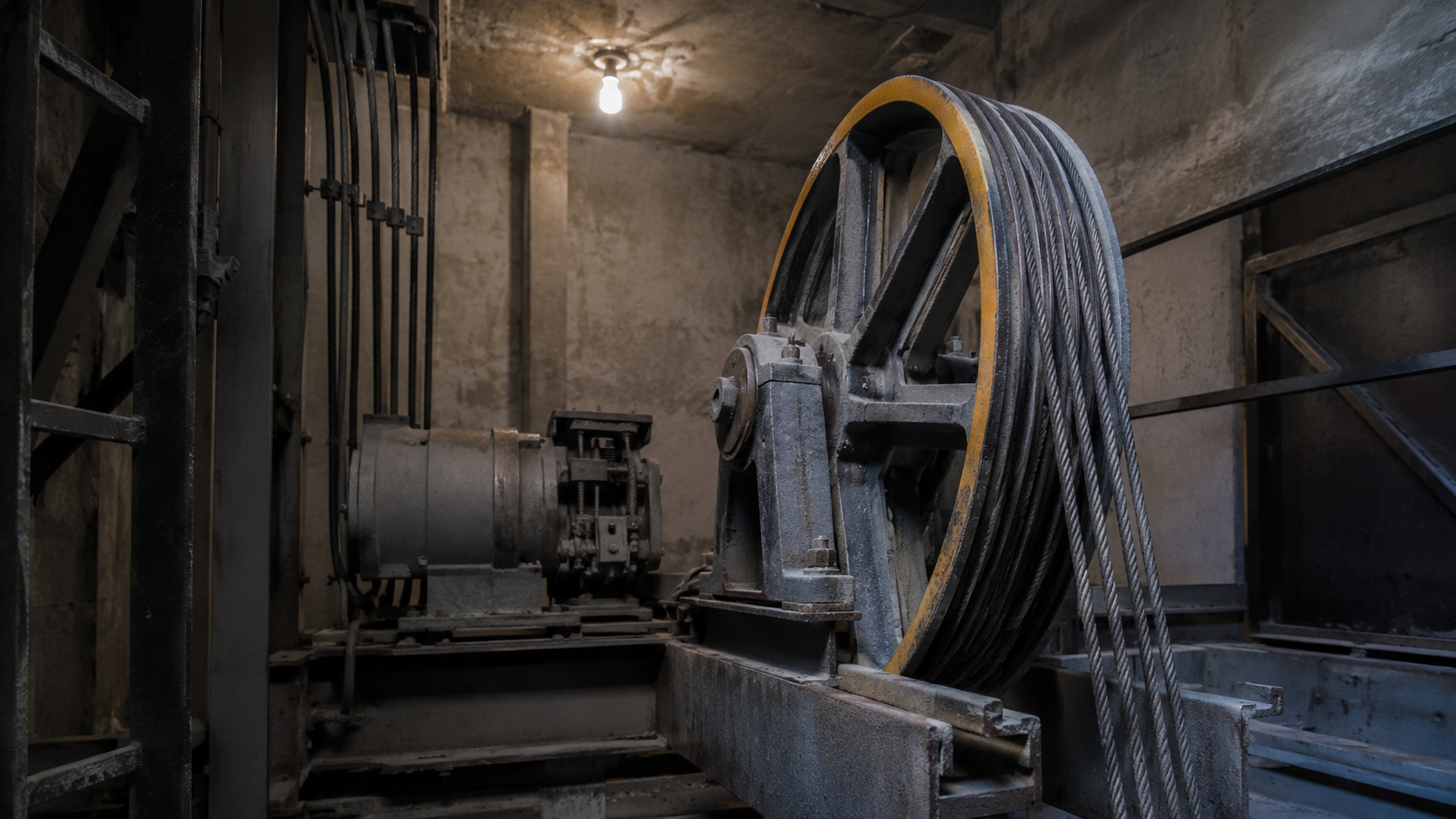 Machinerie d'un vieil ascenseur, poulie et câbles usés couverts de poussière dans un local technique