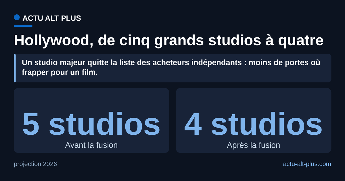 Diagramme comparant cinq grands studios hollywoodiens avant la fusion et quatre apres le rachat de Warner par Paramount