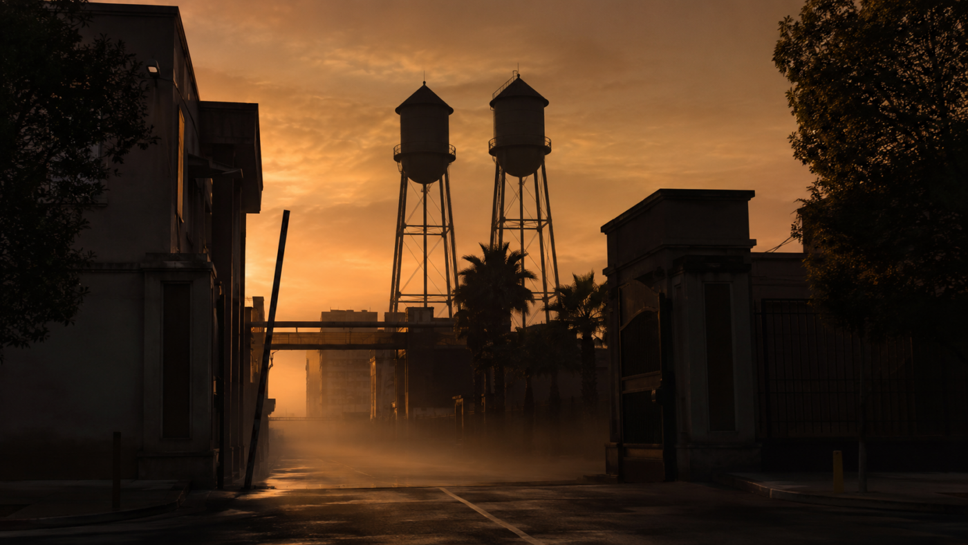 Entrée d'un grand studio de cinéma au crépuscule, deux châteaux d'eau en silhouette sur un ciel ambre