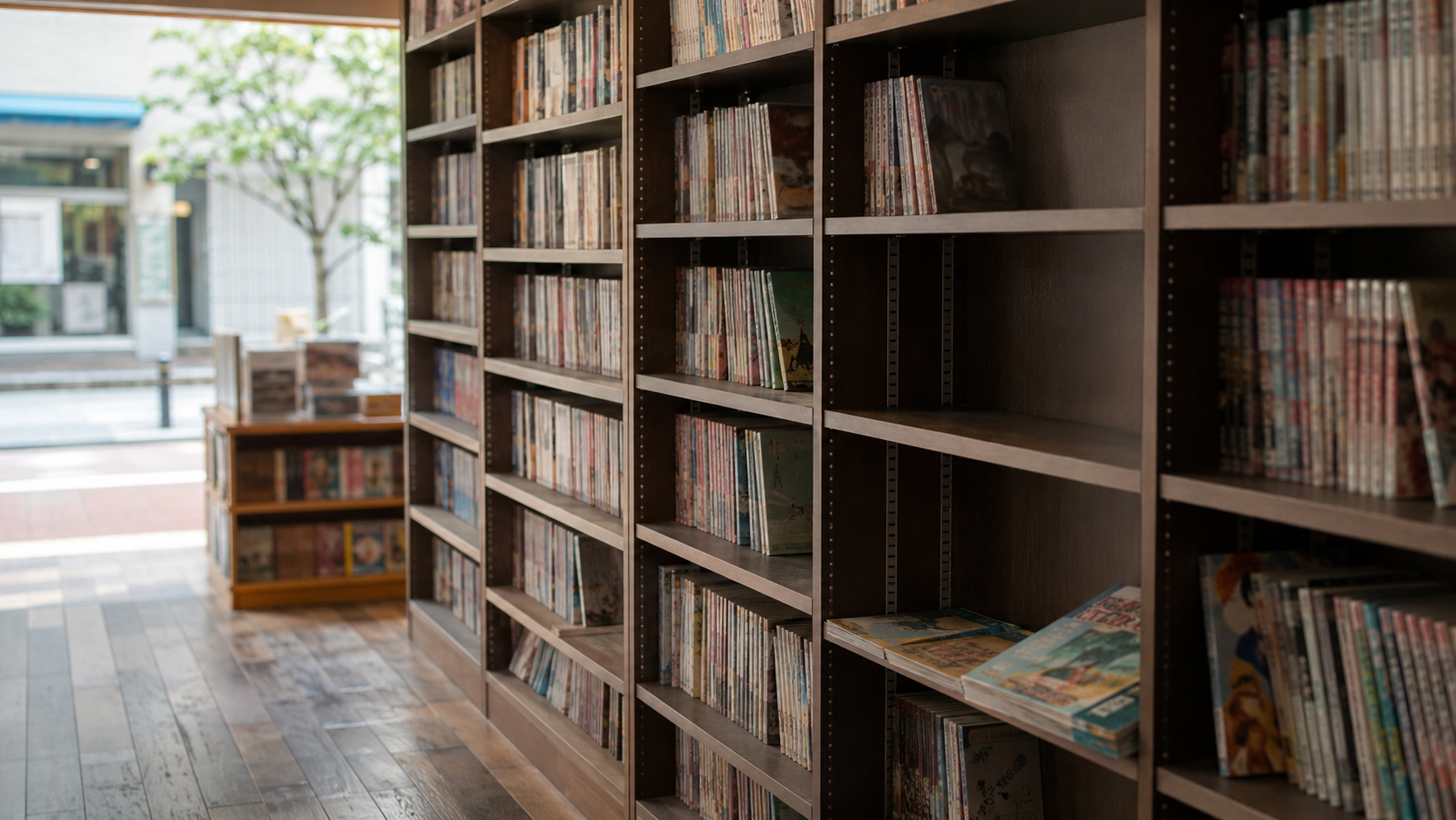Rayon manga partiellement dégarni dans une librairie de quartier