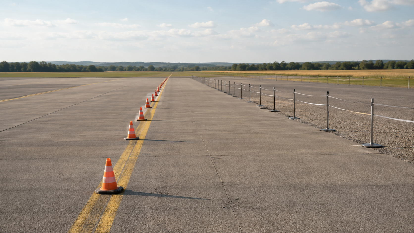 Axe de présentation matérialisé au sol sur un aérodrome, cônes de sécurité alignés et zone spectateurs vide derrière une ligne de séparation