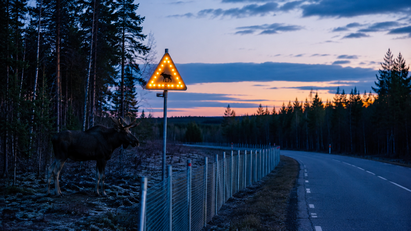 Un élan au bord d'une route forestière au crépuscule, près d'une clôture et d'un panneau lumineux
