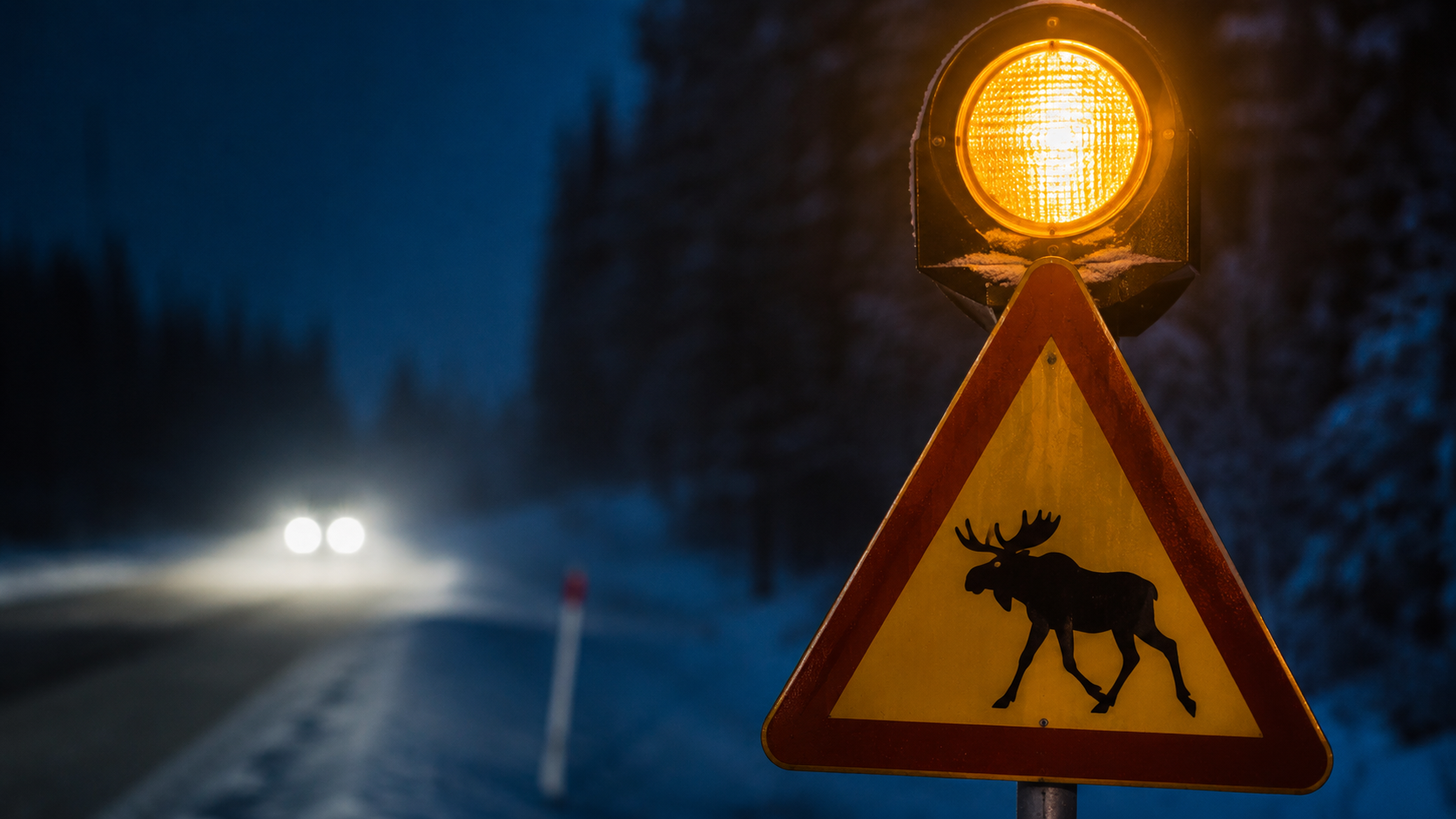 Un panneau de danger faune surmonté d'un feu jaune clignotant sur une route de nuit