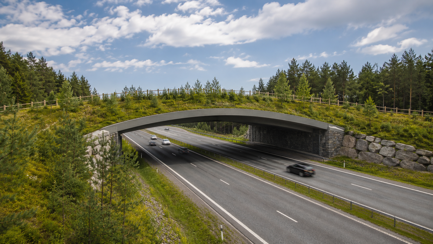 Une passerelle végétalisée pour la faune enjambant une autoroute à la circulation dense