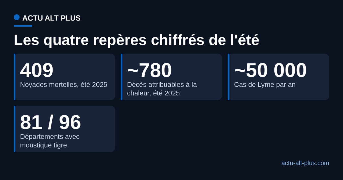 Quatre repères de l'été en France : 409 noyades mortelles et 780 décès liés à la chaleur en 2025, environ 50 000 cas de Lyme par an, 81 départements colonisés par le moustique tigre.