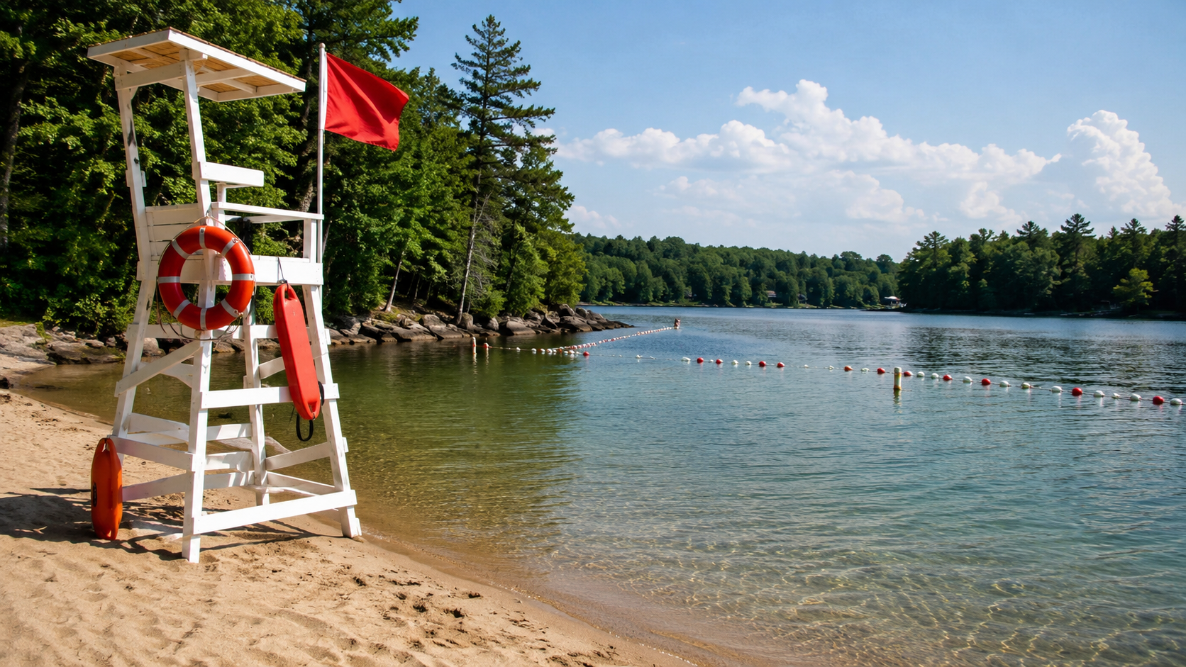 Plan d'eau surveille en ete avec un drapeau de poste de secours sur la rive et une eau claire et peu profonde.
