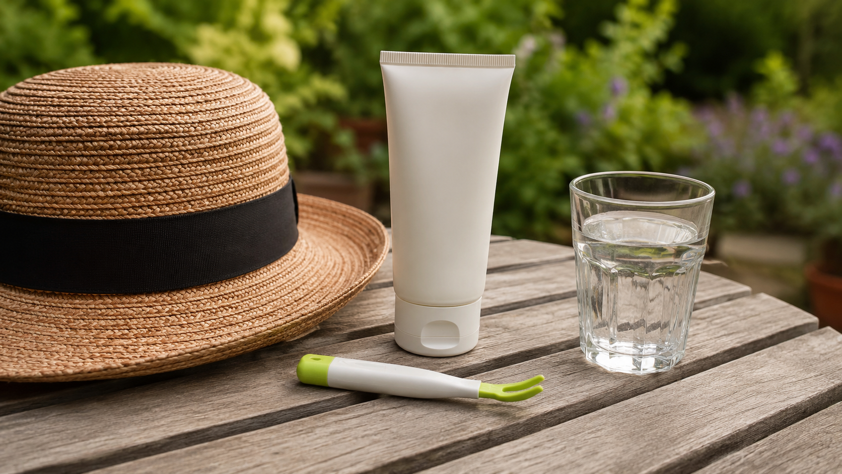 Nature morte sur une table de jardin avec un tire-tique, un tube de creme solaire sans marque, un chapeau et un verre d'eau.