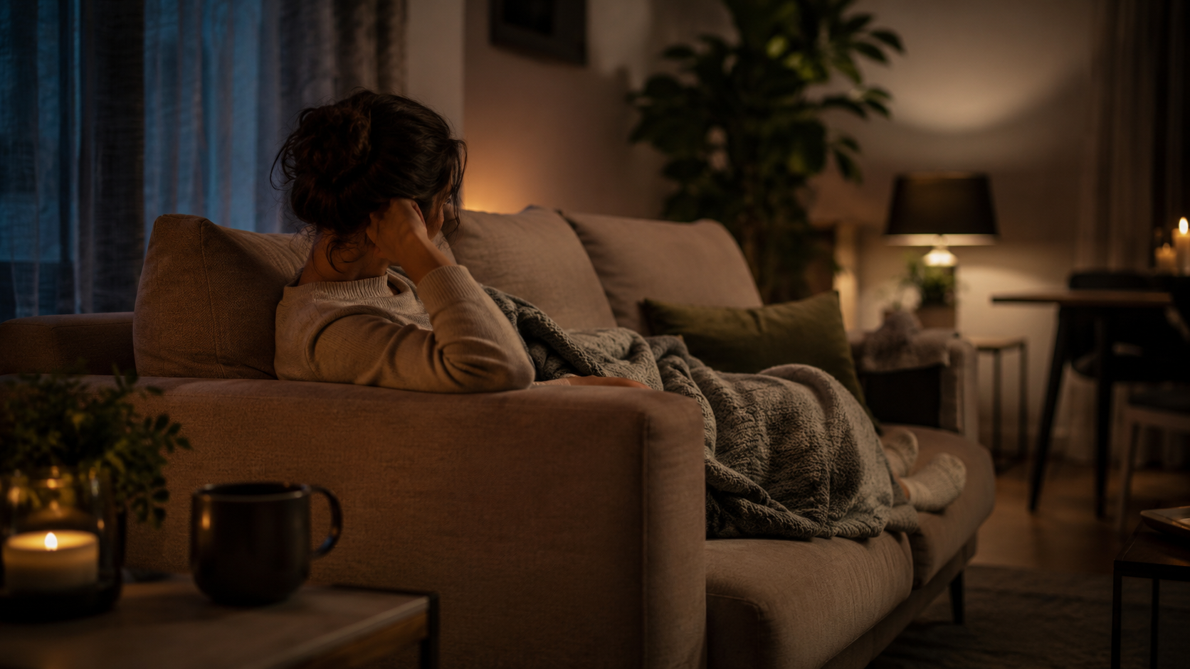 Personne installée sur un canapé le soir, jambes relevées