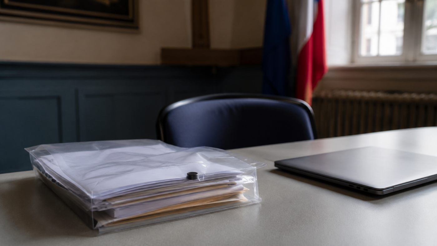 Pochette plastique remplie de papiers administratifs posée sur une table de salle municipale, à côté d'un ordinateur portable fermé et d'une chaise vide