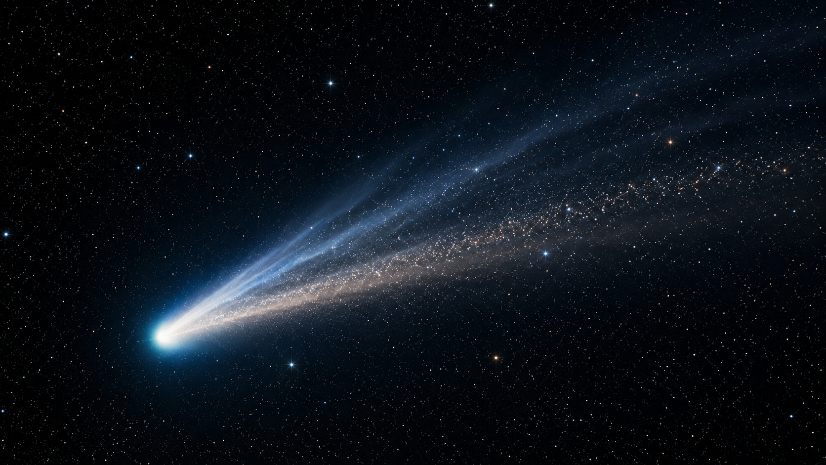 Rendu d'une comète brillante à longue queue laissant une traînée de poussières sur un fond d'étoiles