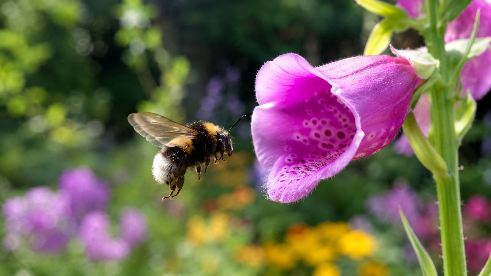 Un bourdon en vol s'approche d'une fleur, ailes floutées par le mouvement