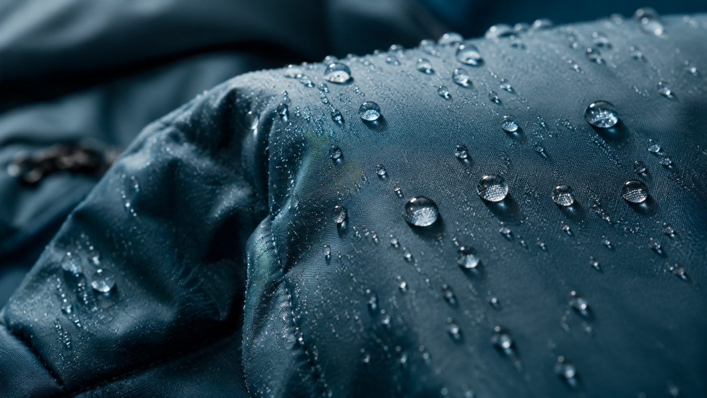 Gouttes d'eau perlant sur le tissu tendu d'une veste imperméable, en gros plan