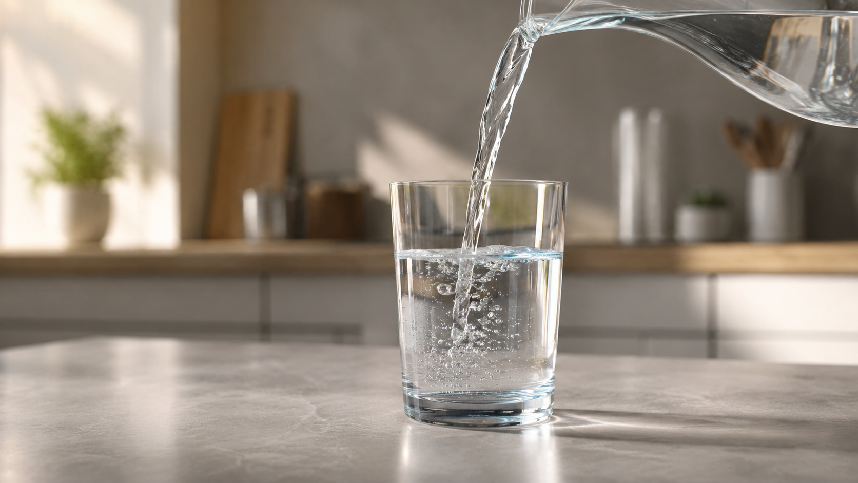 Eau claire versée dans un verre simple sur un plan de travail de cuisine