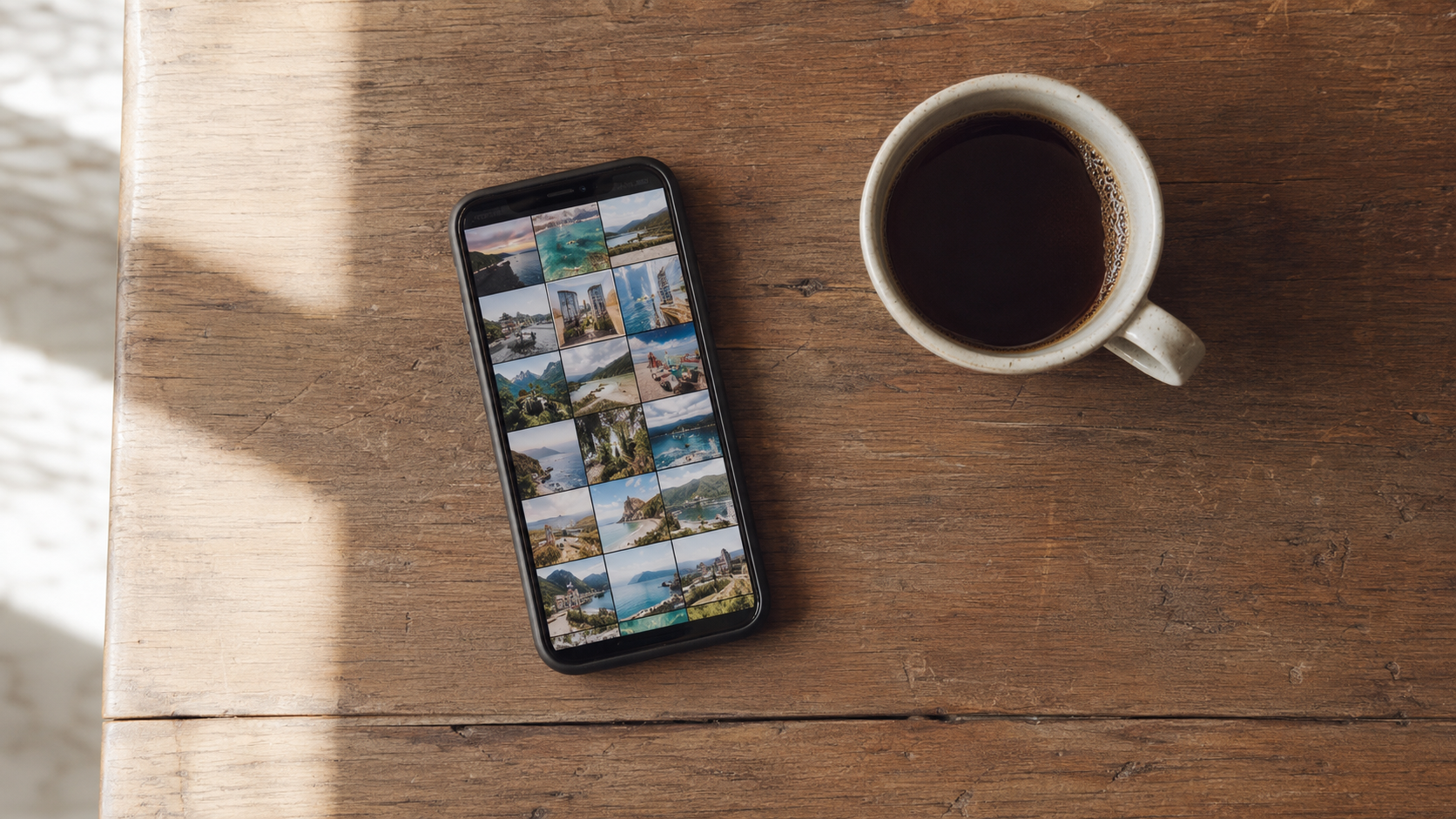 Un smartphone posé sur une table en bois affichant une galerie de photos de vacances en vignettes, une tasse de café à côté
