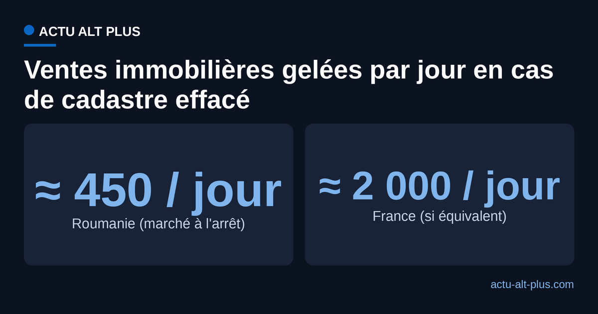 Comparaison du nombre de ventes immobilières gelées par un blocage du cadastre, entre la Roumanie et la France.