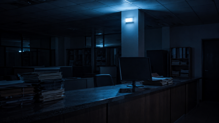 Un bureau de cadastre plongé dans la pénombre la nuit, guichet vide, écran éteint et dossiers à l'abandon