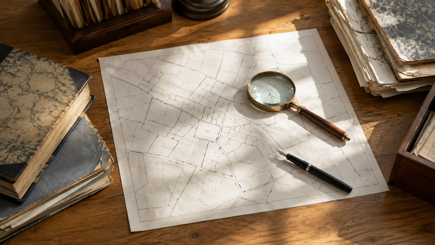 Un plan cadastral imprimé aux lignes parcellaires abstraites, avec une loupe et un stylo, en lumière du jour