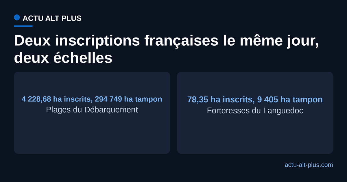 Comparaison des deux biens français inscrits au patrimoine mondial le 26 juillet 2026 : plages du Débarquement et forteresses royales capétiennes du Languedoc.