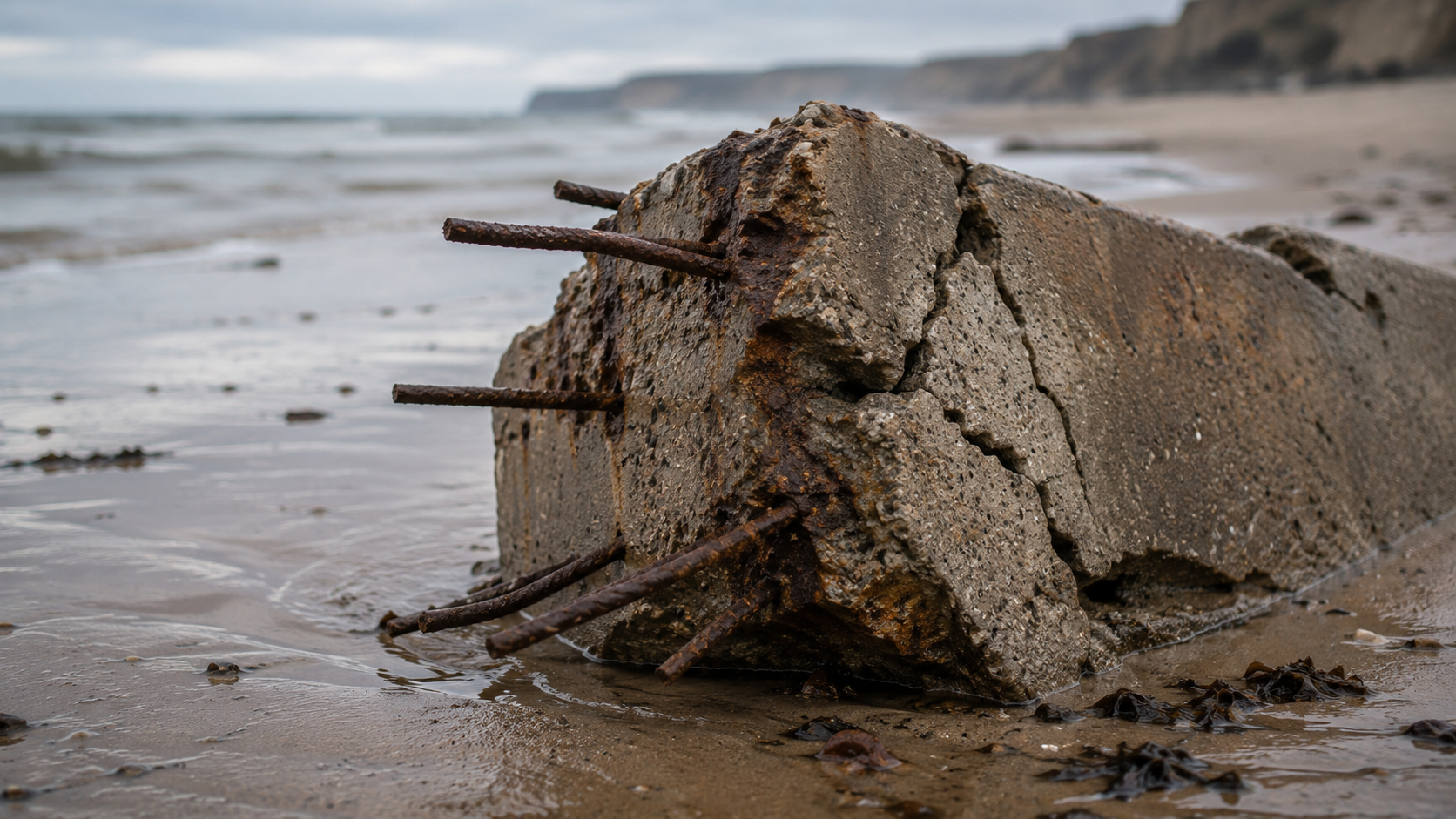 Fers à béton rouillés émergeant d'un bloc de béton fissuré échoué sur le sable mouillé