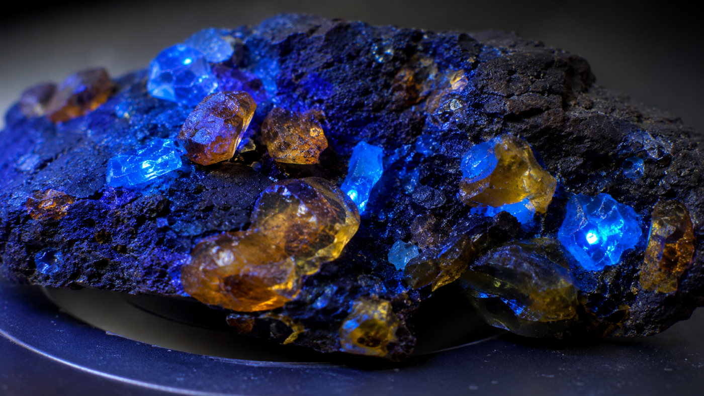 Minuscules fragments d'ambre pris dans une matrice de charbon sombre, luisant d'un bleu vif sous lumière ultraviolette