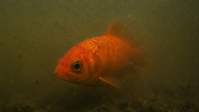 Un poisson rouge seul dans une eau d'etang trouble et verdatre
