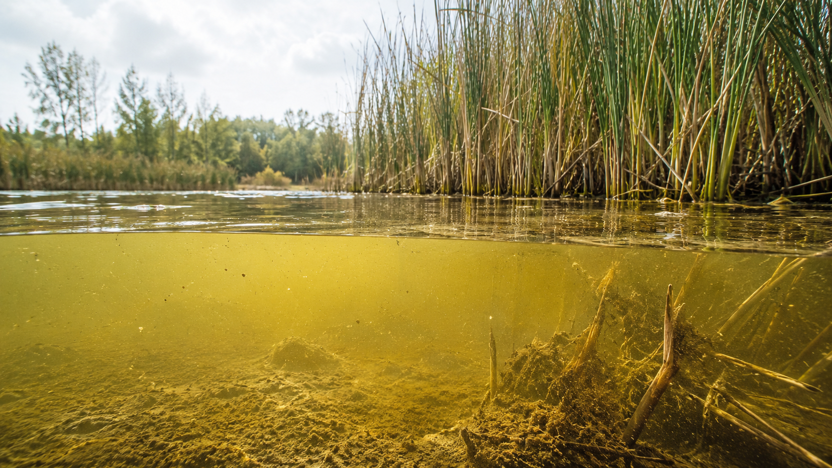 Une mare aux eaux troubles bordee de roseaux, sediments en suspension