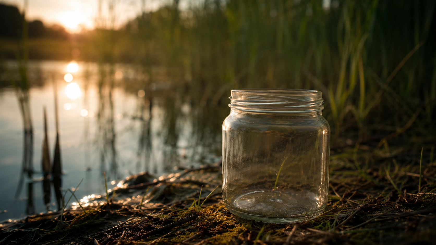 Un bocal en verre pose au bord d'un etang au crepuscule