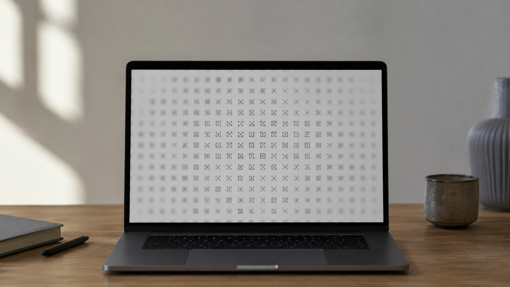 Écran d'ordinateur portable rempli d'une grille de glyphes gris abstraits qui se brouillent vers les bords, posé sur un bureau nu
