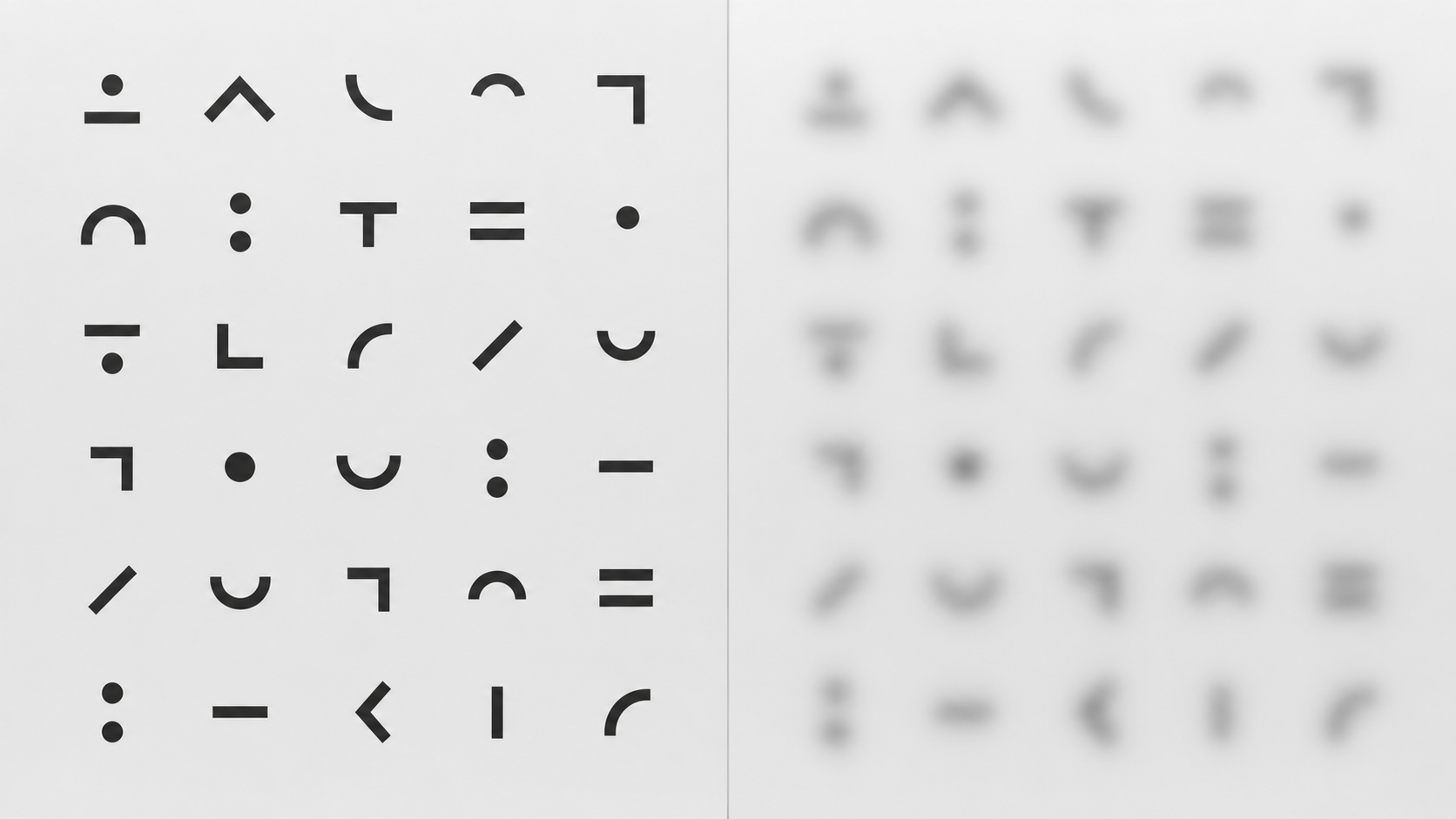 Diptyque du même motif de glyphes abstraits : net et lisible à gauche, dissous en taches floues à droite
