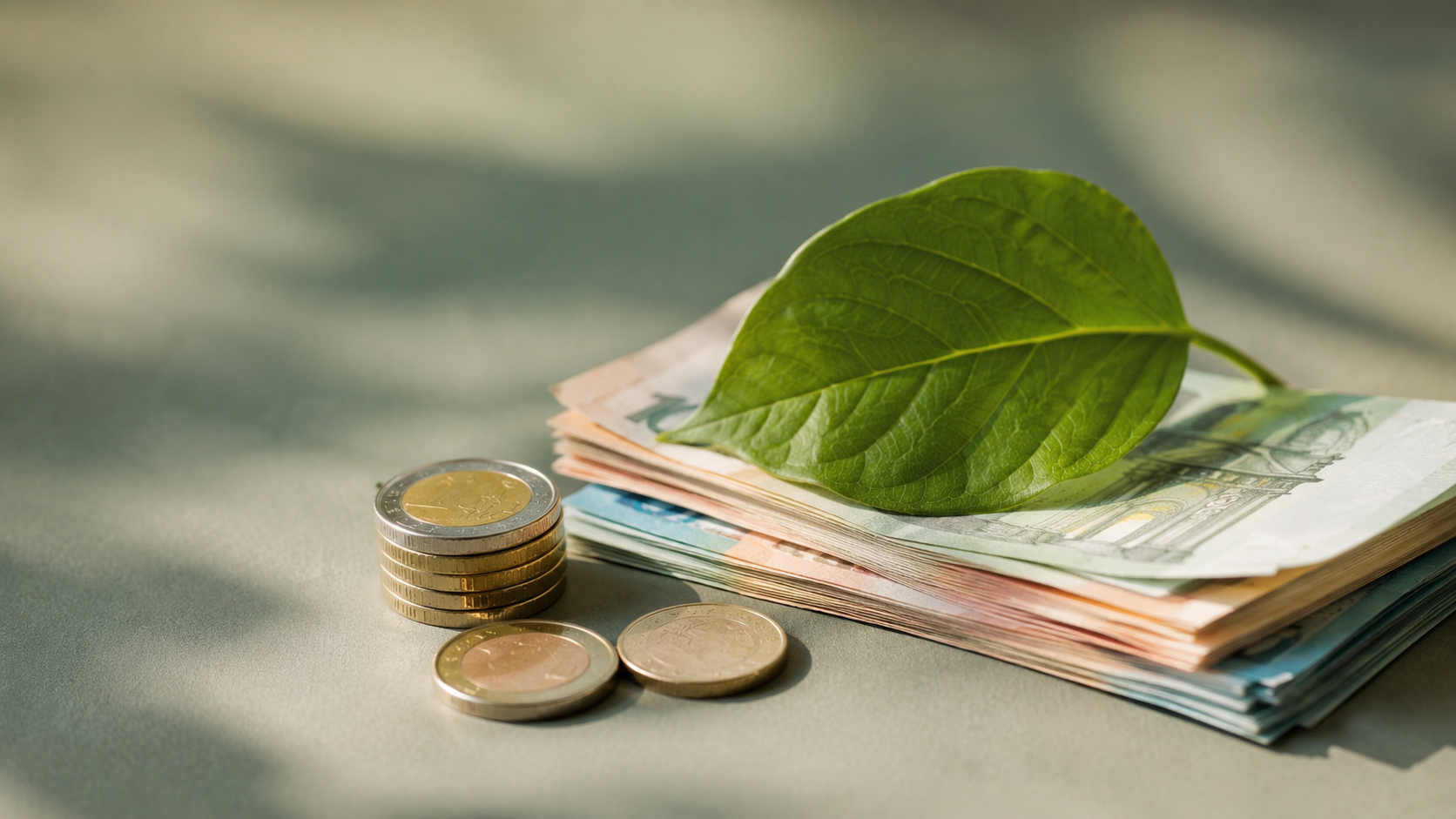 Billets et pièces en euros posés près d'une feuille verte sur une table