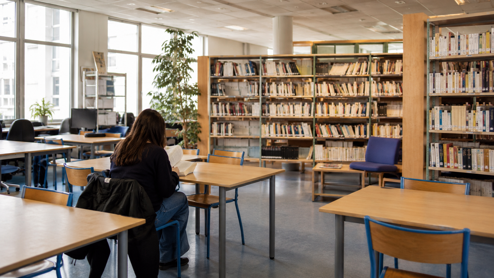 Salle de CDI d'un lycée avec un élève anonyme installé pour lire