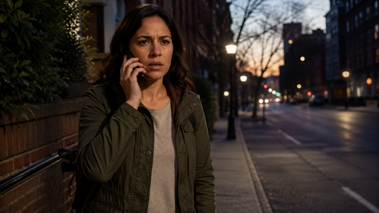 Une main générique tient un téléphone sur un trottoir urbain au crépuscule, rue vide en arrière-plan