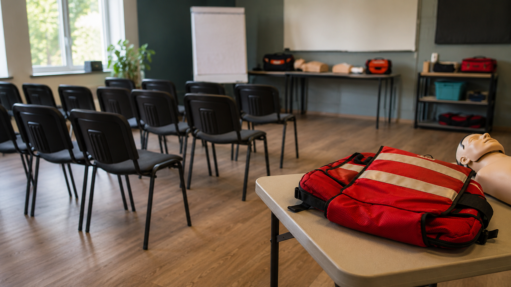 Salle de formation aux premiers secours vide, chaises alignées, gilet de secours plié posé sur une table