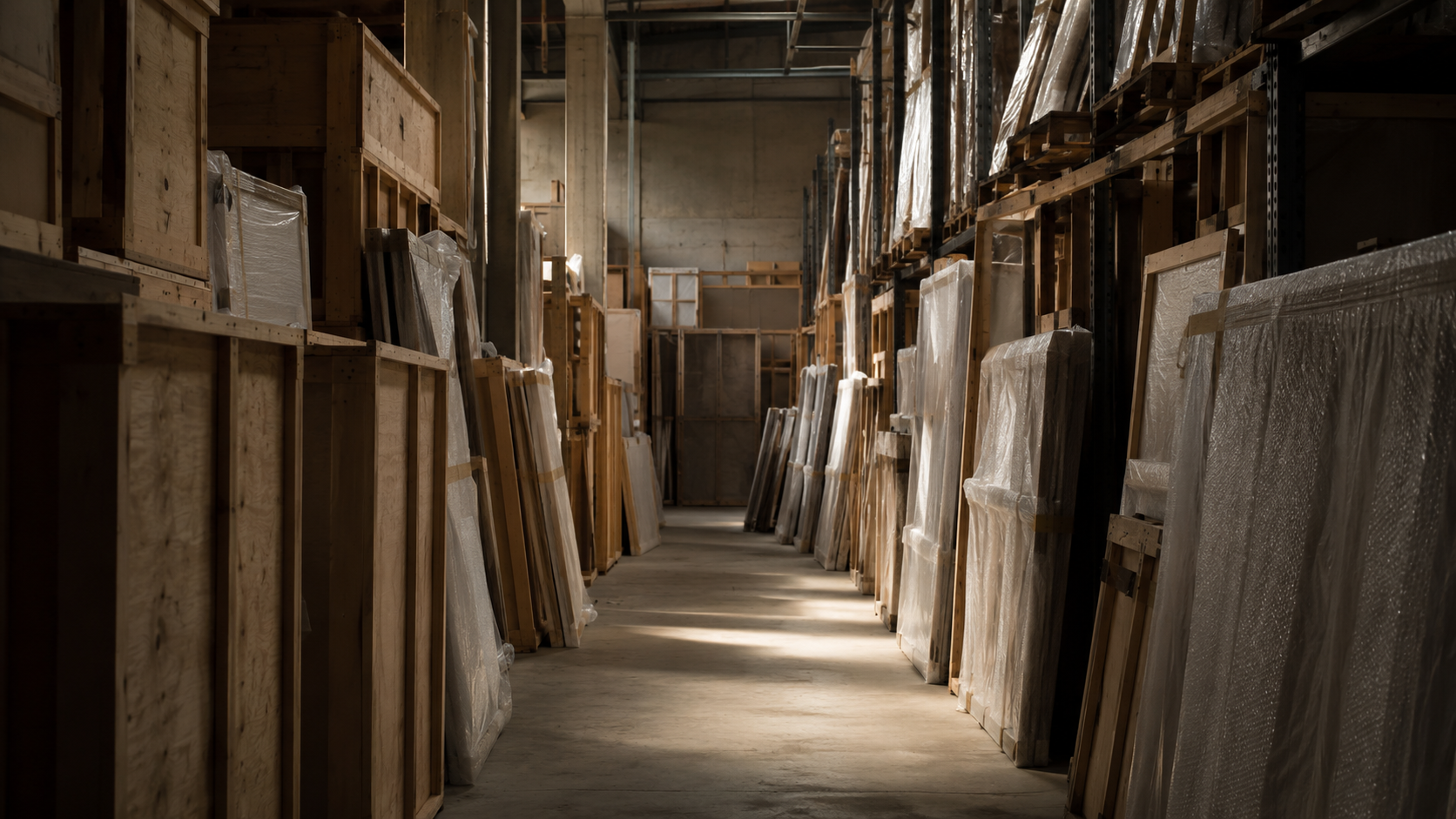 Entrepôt de stockage sombre avec caisses et œuvres emballées