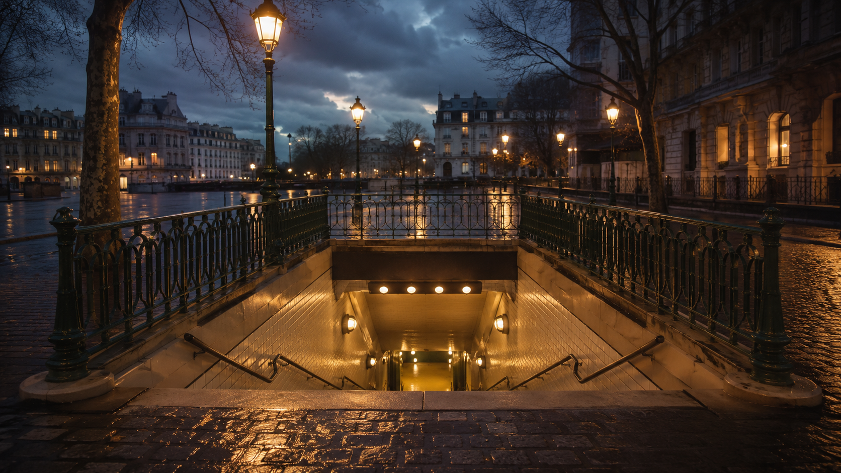 Sortie d'une bouche de métro parisienne au crépuscule, escalier vide