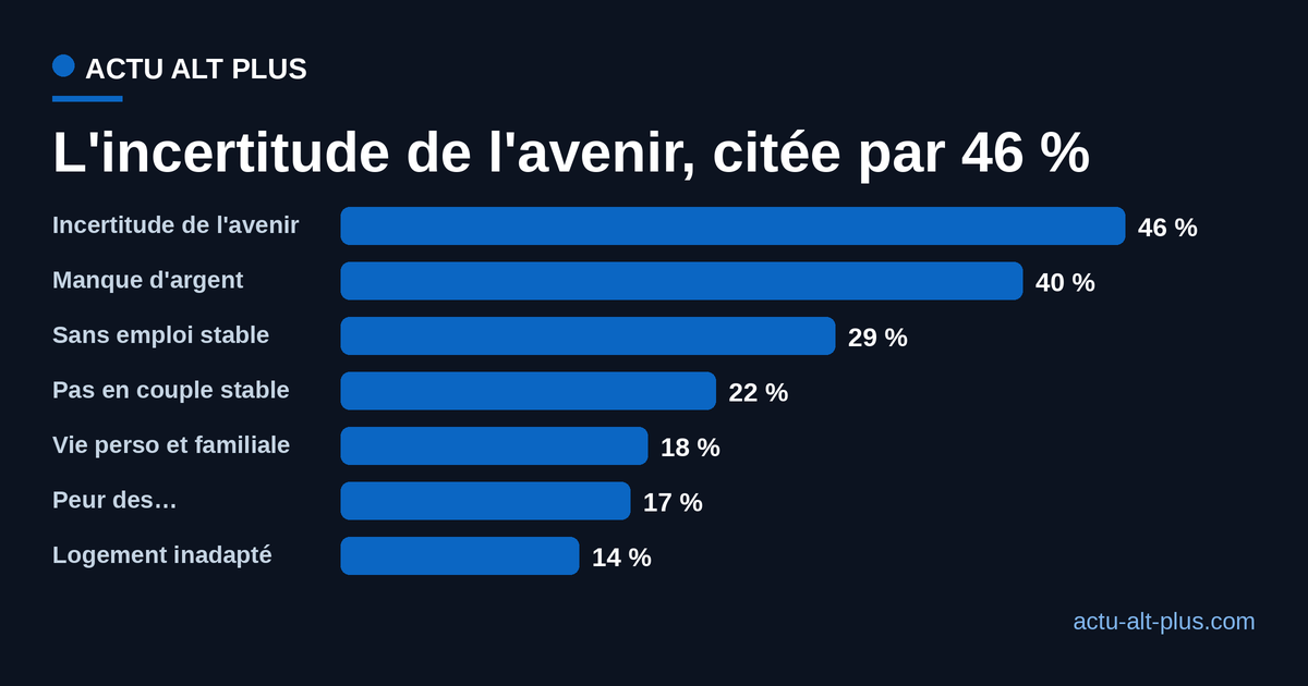 Classement des raisons de renoncer à un enfant selon la Drees 2025 : incertitude de l'avenir 46 %, manque d'argent 40 %, absence de stabilité professionnelle 29 %, pas de couple stable 22 %, concilier vie perso 18 %, peur des responsabilités 17 %, logement inadapté 14 %