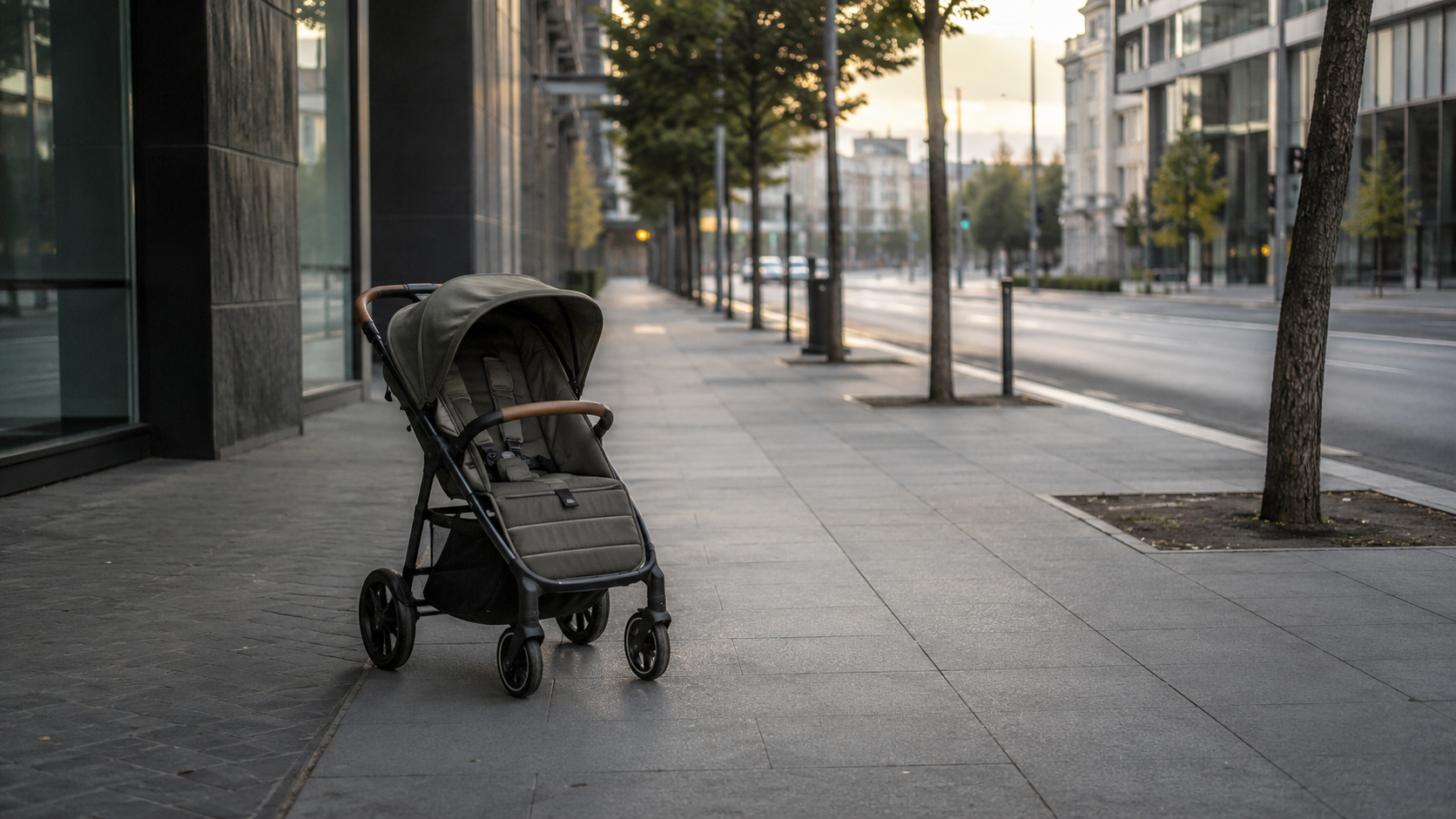 Une poussette vide, seule sur un trottoir urbain calme au petit matin