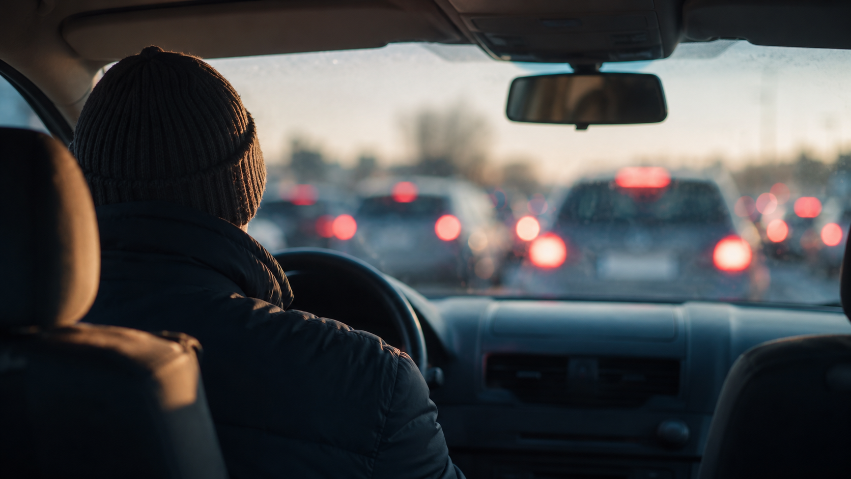 Un conducteur vu de dos, arrêté dans un embouteillage au petit matin