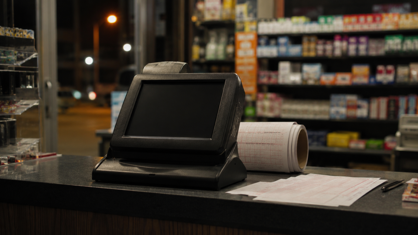 Le comptoir d'une épicerie de quartier la nuit, avec un terminal de loterie éteint et un rouleau de bulletins vierges