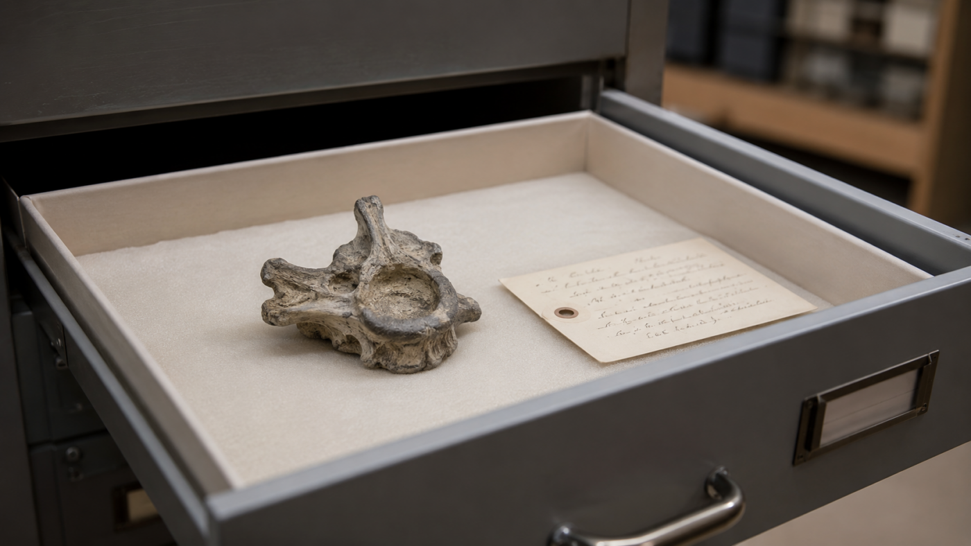 Petite vertèbre fossile grisâtre posée dans un tiroir de collection de muséum, avec une étiquette manuscrite