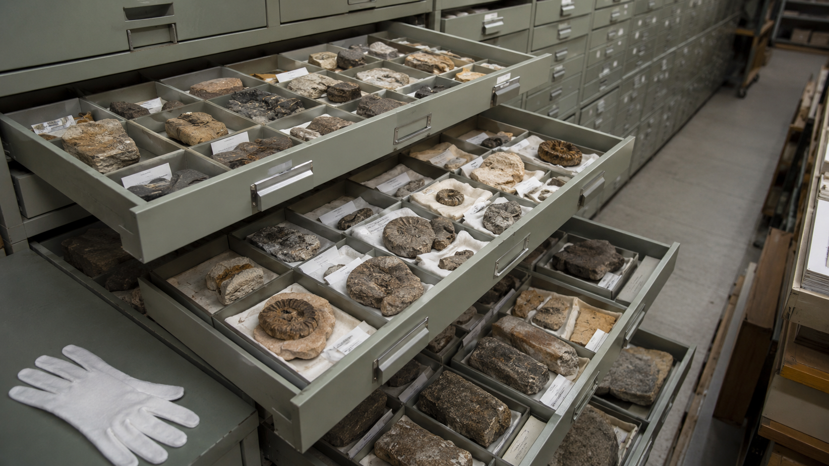 Tiroirs ouverts d'une réserve de muséum remplis de fossiles étiquetés, avec des gants d'archive