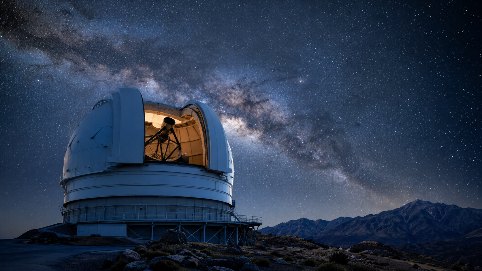 Grande coupole d'observatoire ouverte la nuit, télescope pointé vers un ciel étoilé avec la Voie lactée
