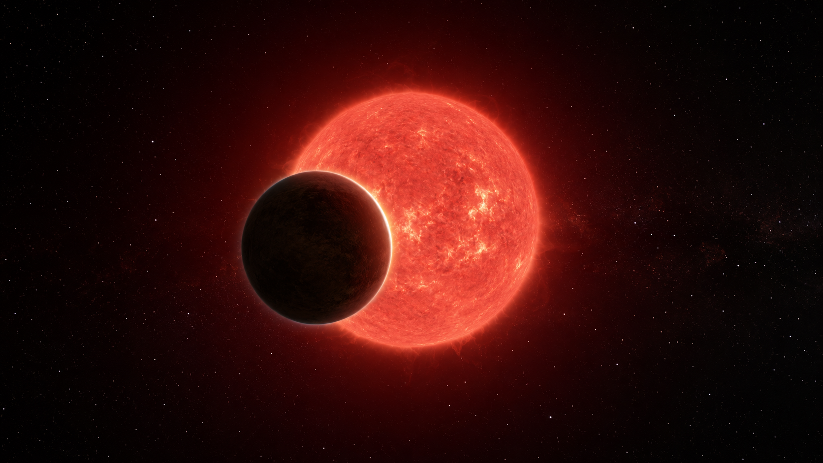 Une exoplanète rocheuse passant devant une petite étoile rouge, un filet de lumière traversant le bord de son atmosphère