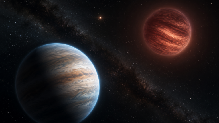 Vue d'artiste d'un satellite géant gazeux en orbite autour d'une naine brune sombre, une étoile lointaine en arrière-plan