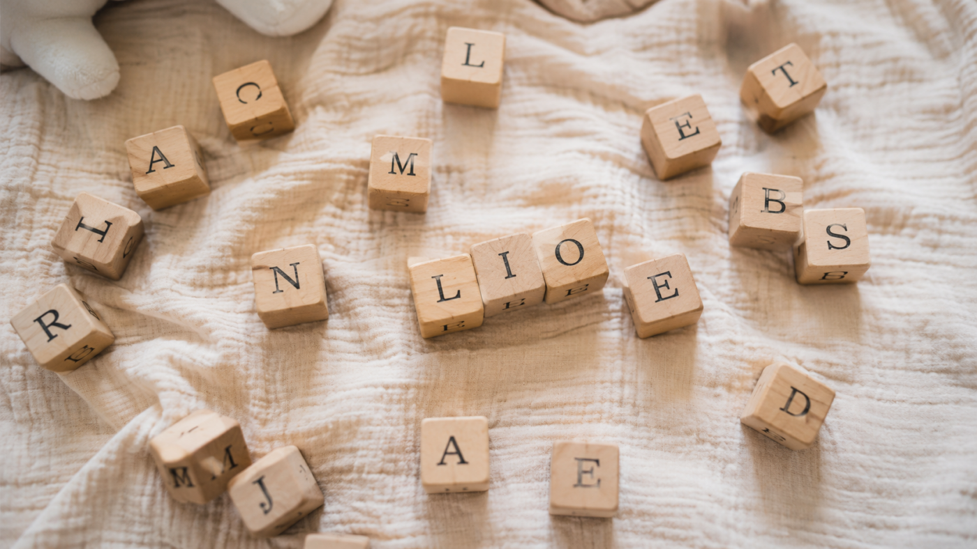 Des cubes de bois avec des lettres éparpillés sur une couverture, formant des bribes de prénoms