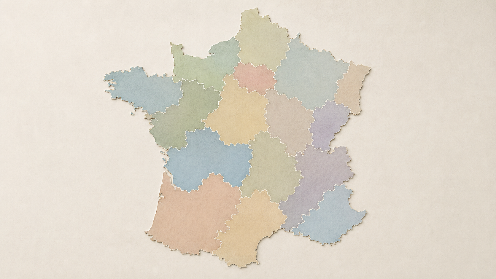Carte en silhouette de la France métropolitaine, régions nuancées en tons doux, sans étiquette